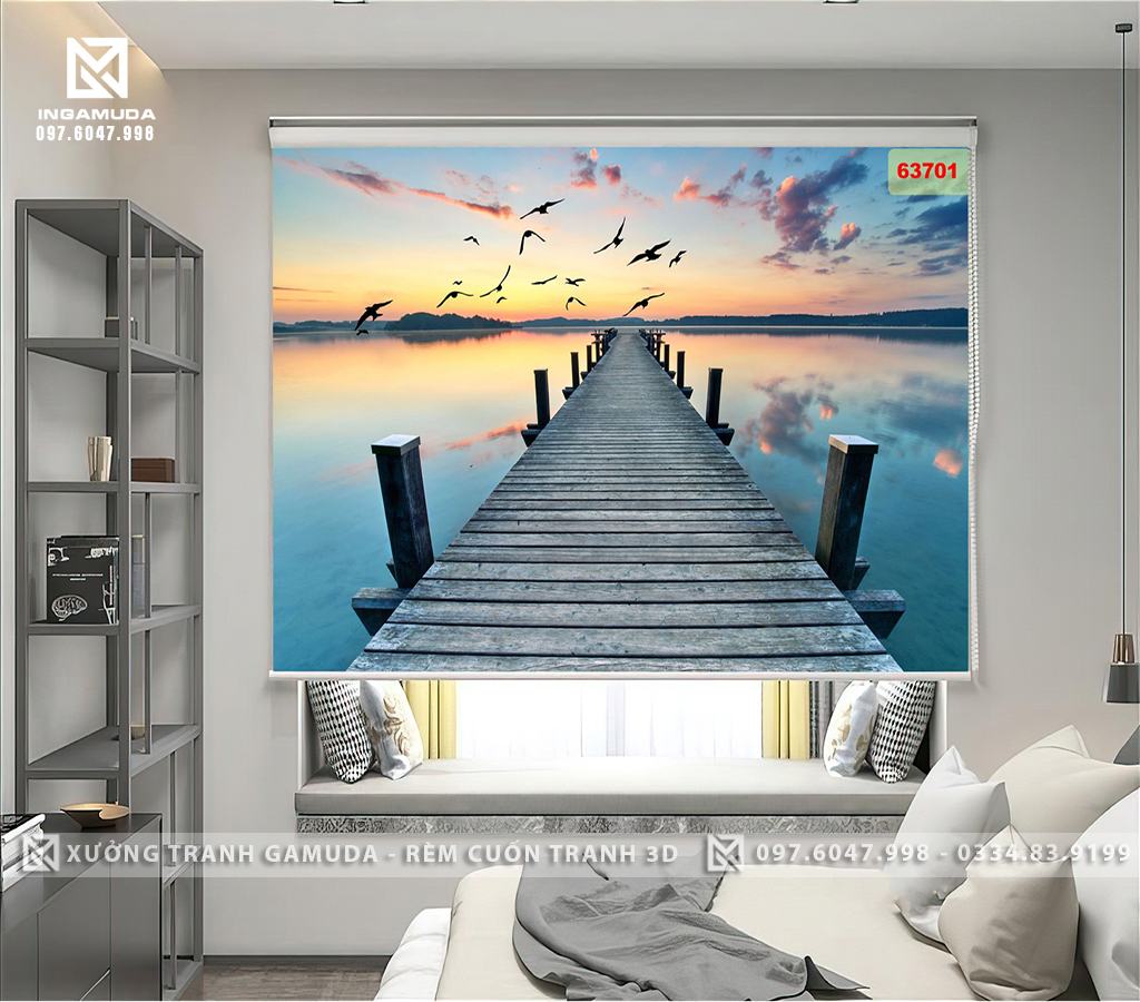 Rèm Cuốn Tranh 3D In Hình Cây Cầu Dẫn Chúng Ta Ra Biển Đón Bình Minh Với Những Chú Hải Âu Bay Trên Bầu Trời 