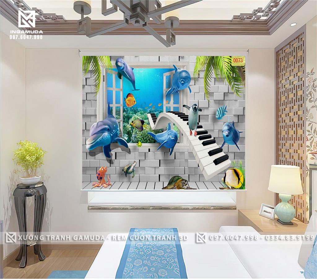 Rèm Cuốn Tranh In 3D Hình Cá Heo Chim Cánh Cụt Rùa Bạch Tuộc Đẹp Tạo Không Gian Tươi Mát Cho Phòng Ngủ- Xưởng Rèm Gamuda