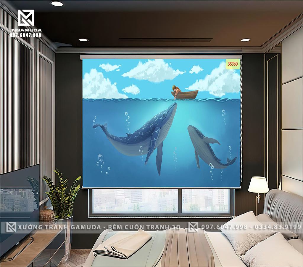 Rèm Cuốn Tranh 3D In Đôi Cá Voi Đem Lại Bình An May Mắn - Xưởng Rèm Gamuda