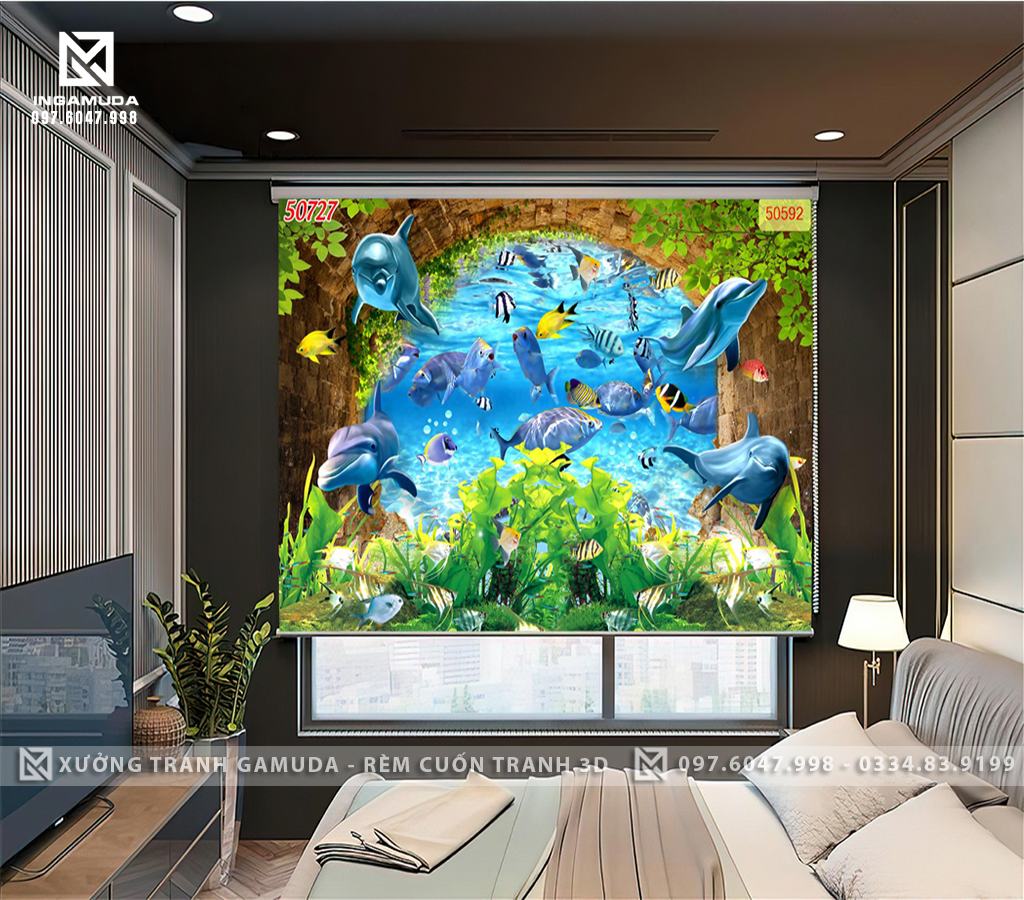 Rèm Cuốn Tranh 3D In Hinh Đáy Đại Dương Với Những Chú Cá Đang Bơi Lội Trong Nước - Rèm Cản Nắng Cản Nhiệt Tốt