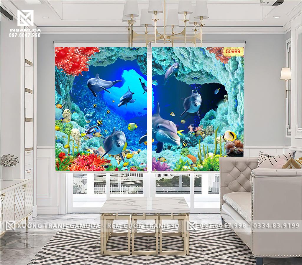 Rèm Cuốn Tranh 3D In Hinh Đáy Đại Dương Với Những Chú Heo , Cá Nemo , Cá Bảy Màu Và Rặng San Hô - Rèm Cản Nắng Cản Nhiệt Tốt