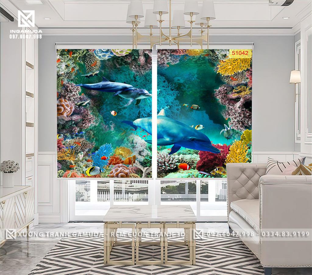 Rèm Cuốn Tranh In 3D Cá Heo San Hô Trên Nền Xanh Của Nước Biển Tạo Không Gian Tươi Mát Cho Căn Phòng Bé