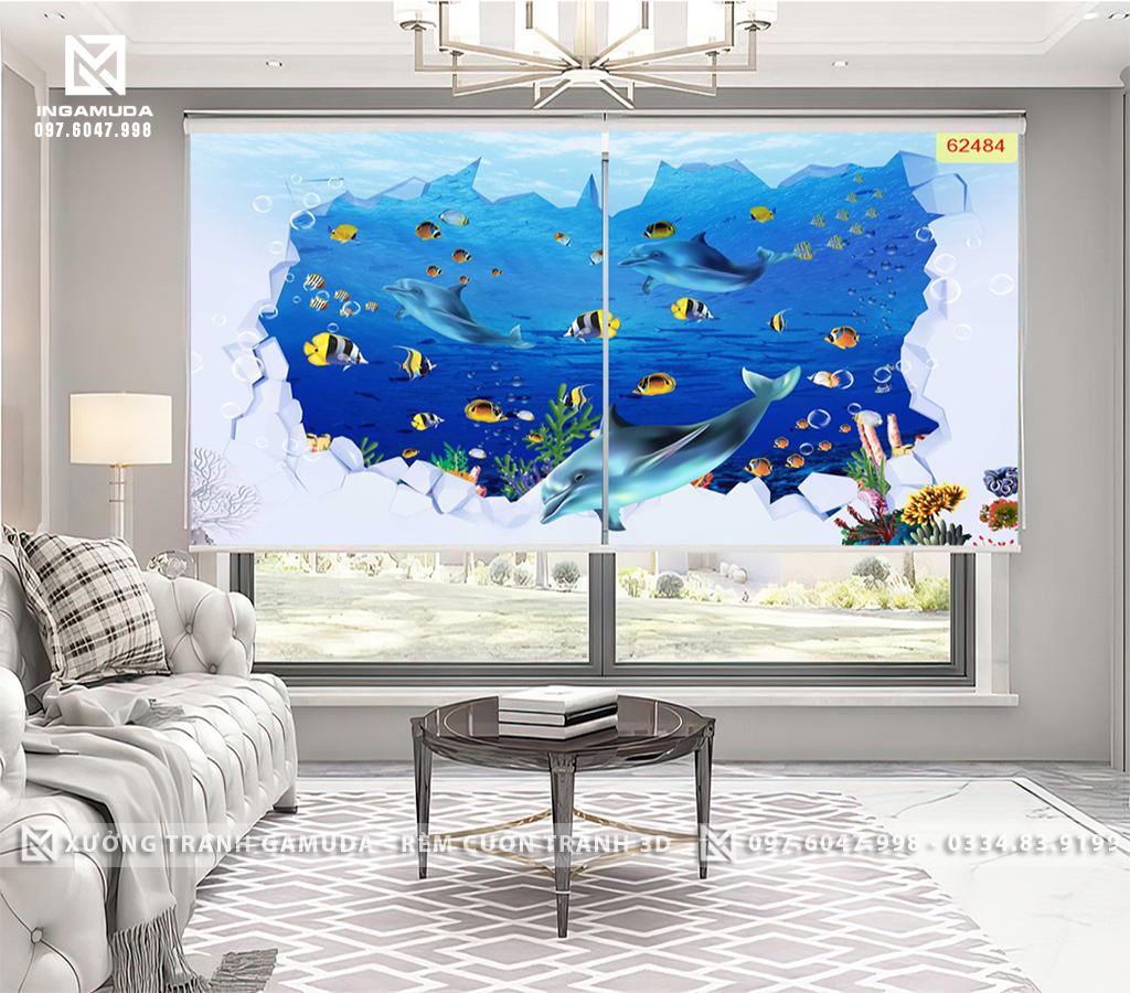 Rèm Cuốn Tranh 3D In Các Loài Cá Trên Gam Màu Xanh Của Biển - Xưởng Rèm Gamuda