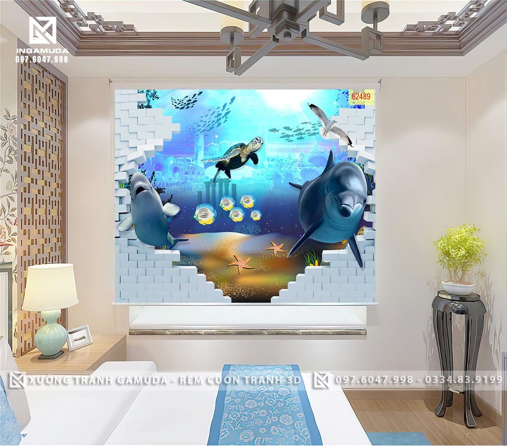 Rèm Cuốn Tranh 3D In Cá Heo Rùa Biển Sao Biển Tạo Nên Sự Tươi Mát Cho Bức Tranh 