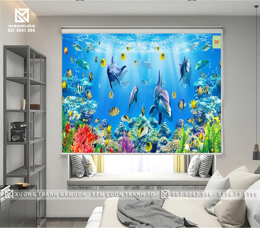 Rèm Cuốn Tranh 3D In Hình Đáy Đại Dương Với Những Chú Heo , Cá thần tiên mặt xanh Và Rặng San Hô – Xưởng Rèm Cuốn Tranh 3D Gamuda
