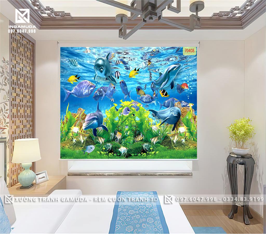 Rèm Cuốn Tranh 3D In Hình Đáy Đại Dương Với Những Chú Heo , Cá thần tiên mặt xanh , Cá Hồi , Cá Hoàng Đé Trưởng Thành Và Rặng San Hô – Xưởng Rèm Cuốn Tranh 3D Gamuda