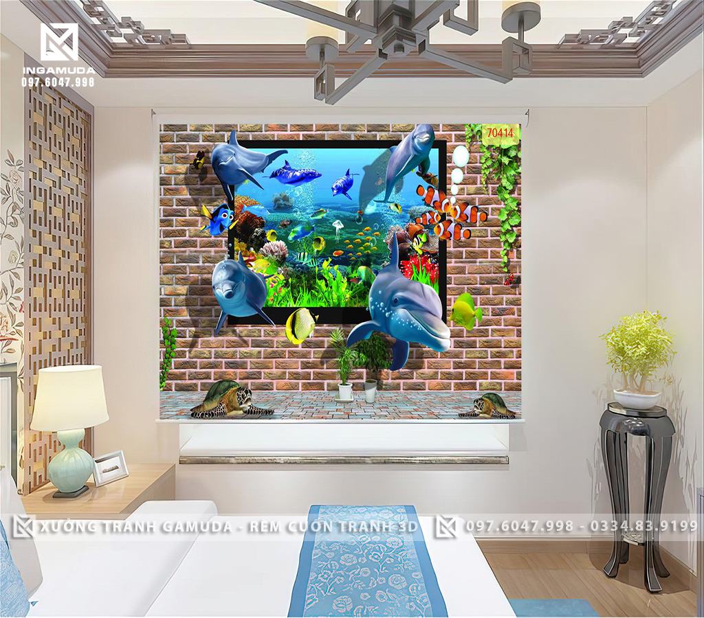Rèm Cuốn Tranh 3D In Cá Heo Cá Hề Rùa Biển - Rèm Cản Sáng Cản Nhiệt Xưởng Rèm Gamuda