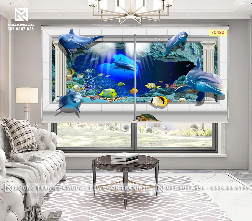 Rèm Cuốn Tranh 3D In Hinh Đáy Đại Dương Với Những Chú Cá Khác Nhau Đang Bơi Lội Trong Nước – Rèm Cản Nắng Cản Nhiệt Tốt
