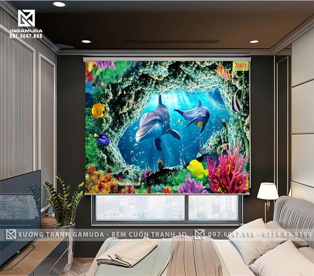 Rèm Cuốn Tranh 3D In Hinh Đáy Đại Dương Với Những Chú Heo , Cá Dĩa Và Rặng San Hô - Xưởng Rèm Cuốn Tranh 3D Gamuda