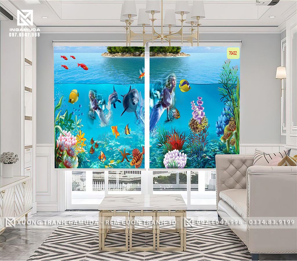 Rèm Cuốn Tranh 3D In Hạ Tiết Cảnh Biển Cá Heo Cá Hề Và Nàng Tiên Cá Tạo không Gian Mát Mẻ Cho Căn Phòng - Xưởng Rèm Gamuda