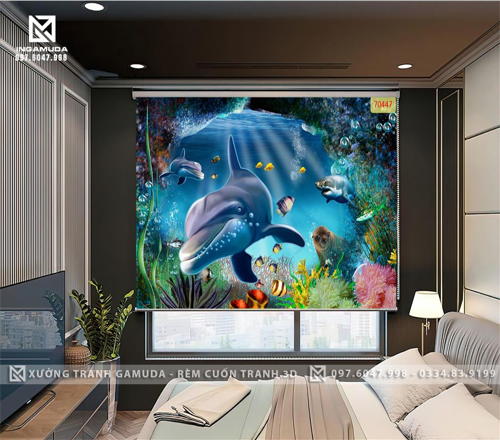 Rèm Cuốn Tranh In 3D Bức Tranh Cảnh Biển Với Gam Màu Xanh Của Nước