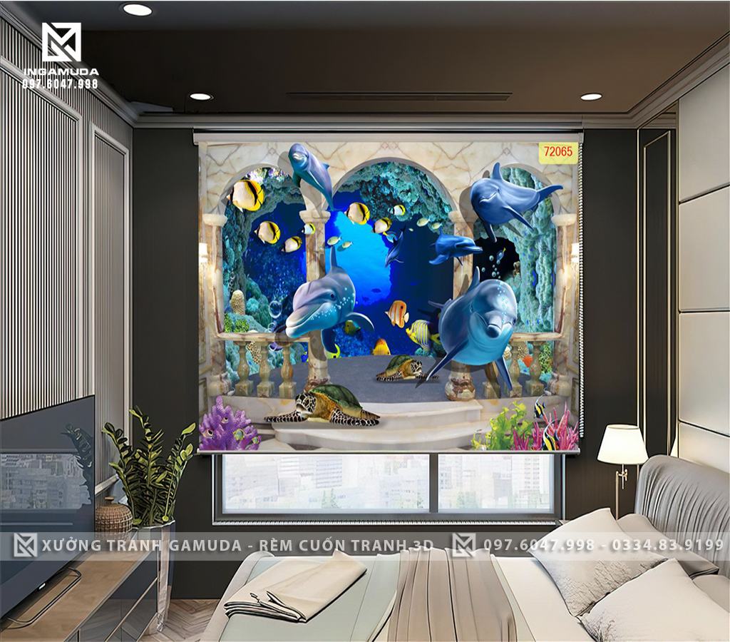 Rèm Cuốn Tranh 3D In Hinh Đáy Đại Dương Với Những Chú Heo , Cá Hề , Rùa Biển Và Rặng San Hô – Rèm Cản Nắng Cản Nhiệt Tốt