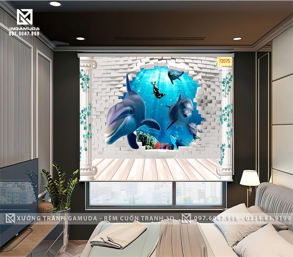 Rèm Cuốn Tranh 3D In Đàn Cá Heo Ở Biển - Xưởng Rèm Gamuda