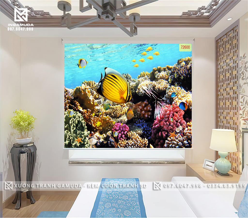 Rèm Cuốn Tranh 3D In San Hô Đa Dạng Cùng Đàn Cá Hề Đẹp