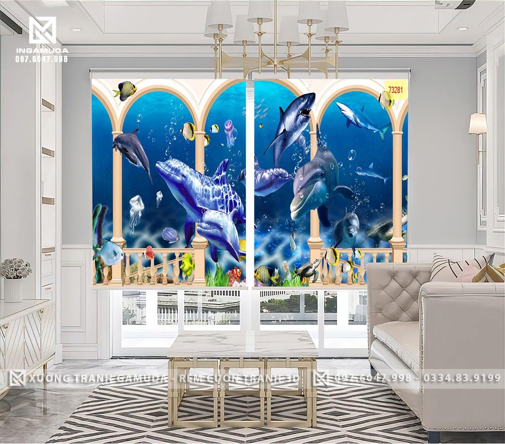 Rèm Cuốn Tranh 3D In Hinh Đáy Đại Dương Với Những Chú Heo , Cá Mập , Sứa Và Rặng San Hô – Rèm Cản Nắng Cản Nhiệt Tốt
