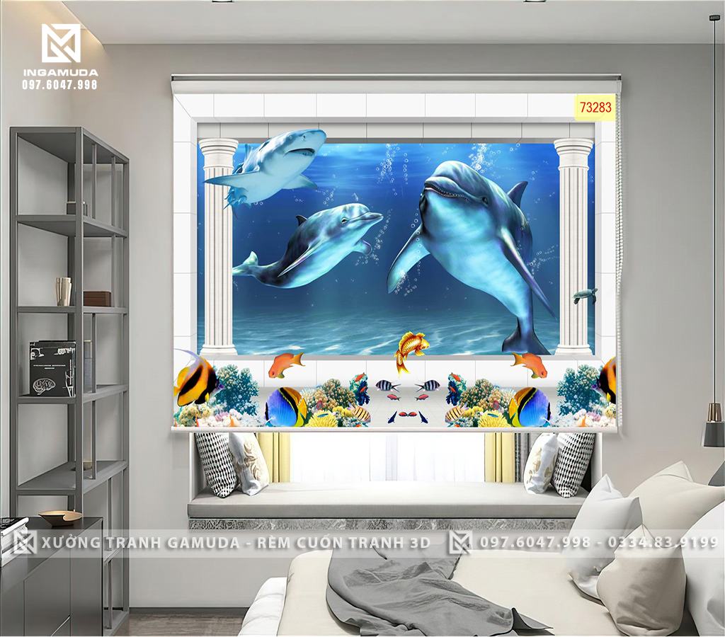 Rèm Cuốn Tranh 3D In Hinh Đáy Đại Dương Với Những Chú Heo , Cá Mập ,Các Loại Cá Và Rặng San Hô – Rèm Cản Nắng Cản Nhiệt Tốt