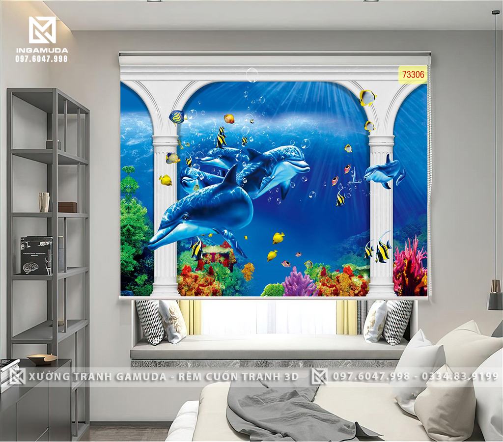 Rèm Cuốn Tranh 3D In Hinh Đáy Đại Dương Với Những Chú Heo , Cá Moorish Idol , Cá thần tiên mặt xanh– Xưởng Rèm Cuốn Tranh 3D Gamuda