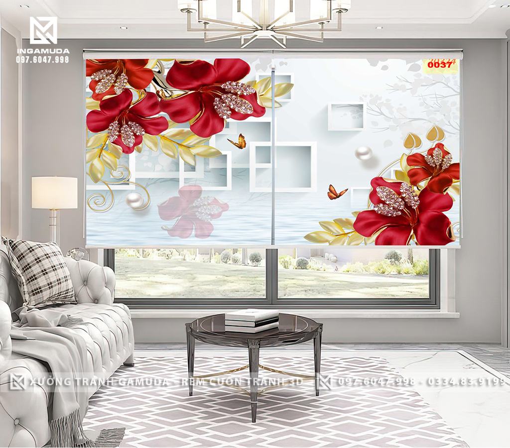 Rèm Cuốn Tranh In Họa Tiết Hoa 3D Sang Trọng Trên Nền Xanh Ngọc - Rèm Cản Sáng Cản Nhiệt Xưởng Rèm Gamuda