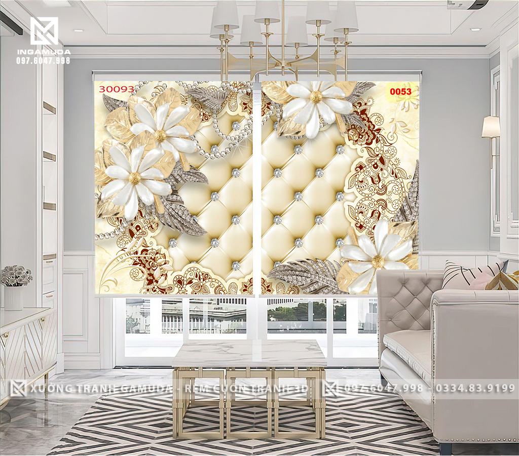 Rèm Cuốn Tranh In Họa Tiết Hoa 3D Trắng Tạo Sự Tinh Khiết , Qúy Phái Cho Bức Tranh - Xưởng Rèm Gamuda In Ấn Và Sản Xuất Theo Đơn Đặt Hàng