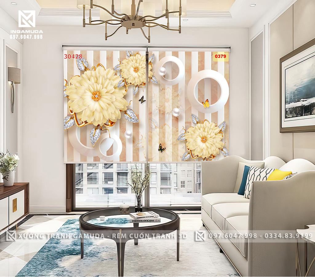 Rèm Cuốn Tranh In Họa Tiết Hoa 3D Vàng Tạo Sự Tinh Khiết , Qúy Phái Cho Bức Tranh - Xưởng Rèm Gamuda In Ấn Và Sản Xuất Theo Đơn Đặt Hàng