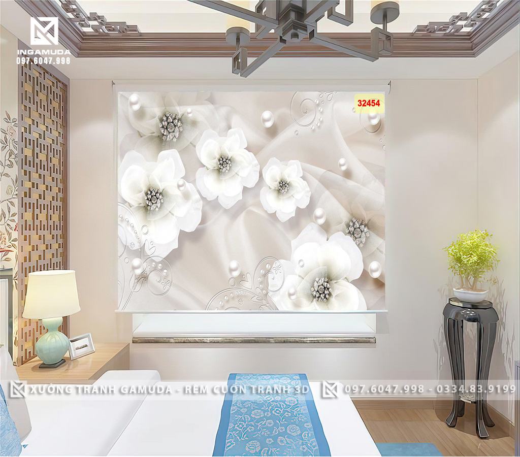 Rèm Cuốn Tranh 3D In Họa Tiết Hoa Lan Trắng Biểu Tượng Cho Sự Vương Gỉa Và Giau Có