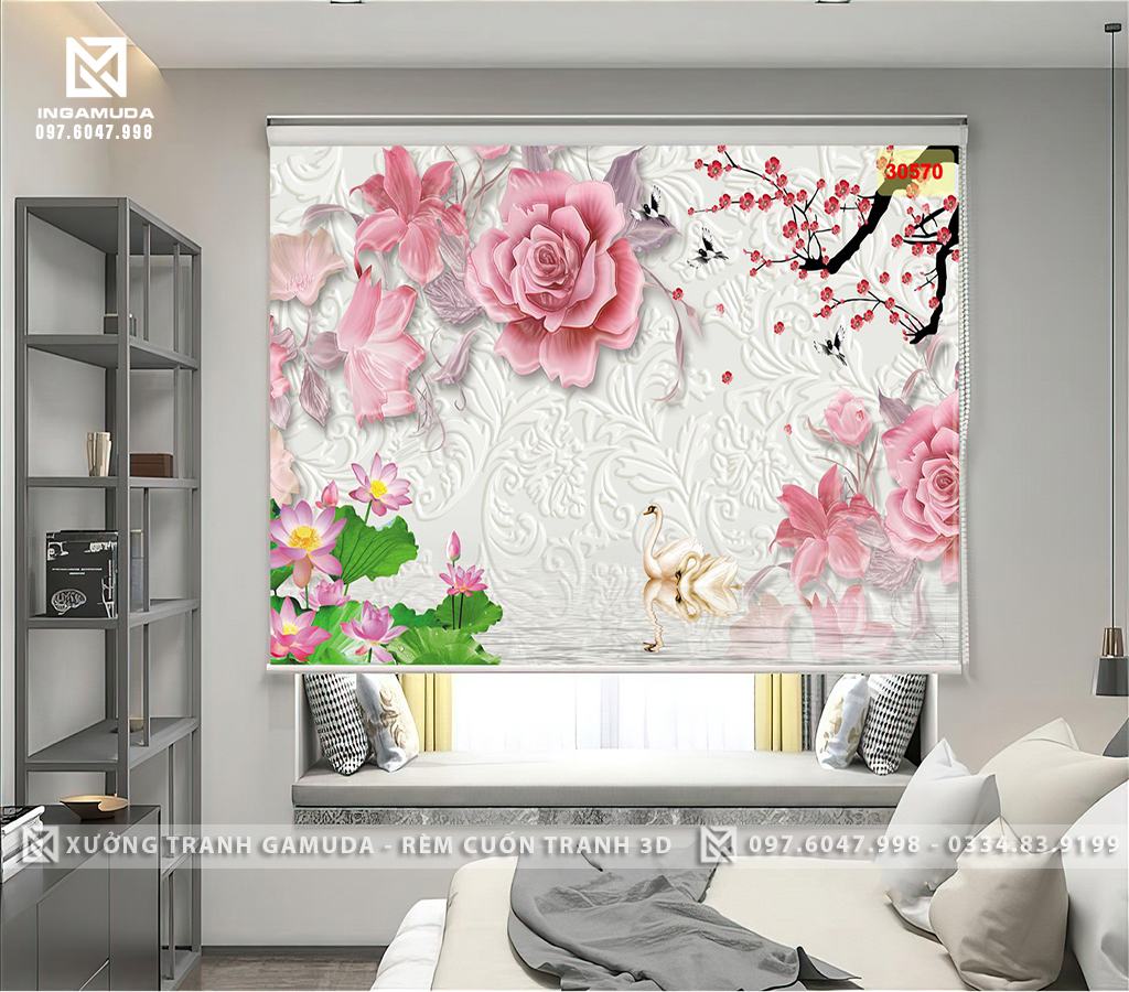 Rèm Cuốn Tranh In 3D Họa Tiết Hoa Hồng Biểu Tượng Cho Sự Lãng Mạn Trên Gam Màu Ngọc - Xưởng Rèm Gamuda In Ấn Và Sản Xuất Theo Đơn Đặt Hàng