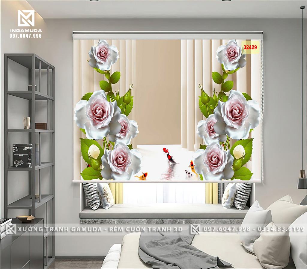 Rèm Cuốn Tranh 3D In Họa Tiết Hoa Hồng Trắng Biểu Tượng Cho Tình Yêu Thiêng Liêng, Không Vụ Lợi Và Vĩnh Cửu