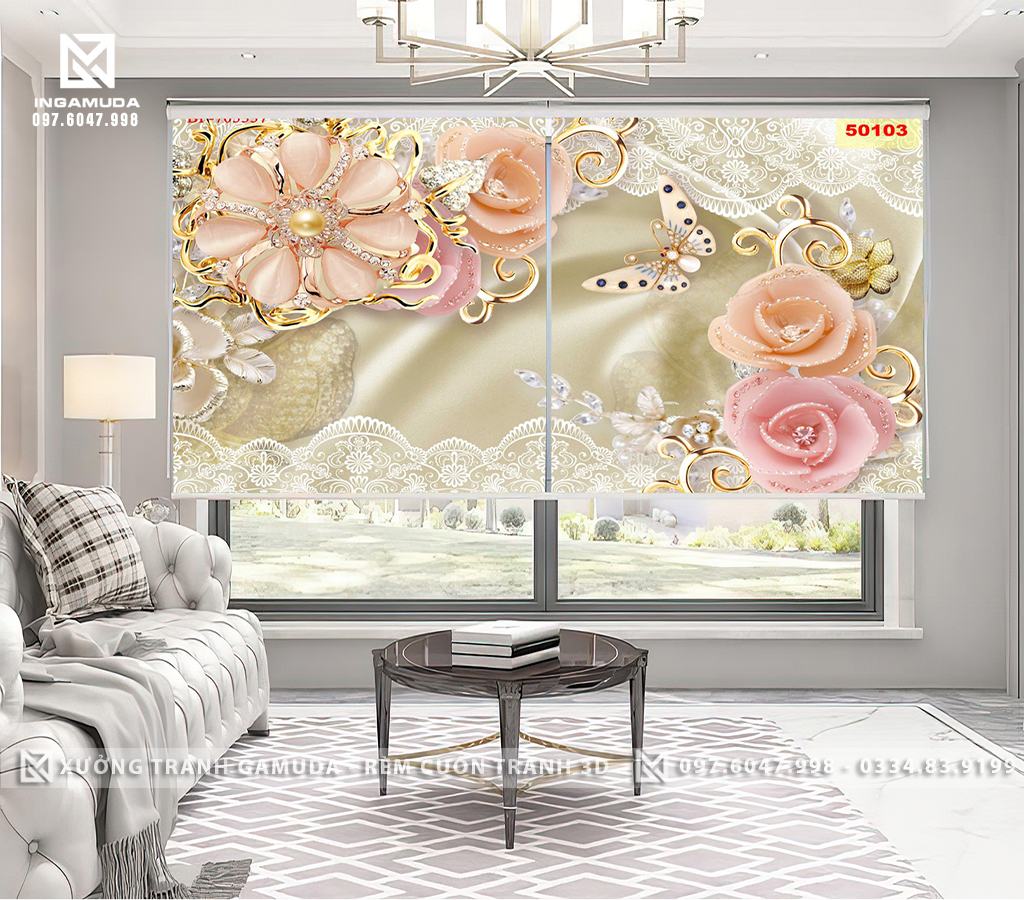 Rèm Cuốn Tranh 3D In Họa Tiết Hoa Hồng Tượng Trưng Cho Tình Yêu Thuần Khiết , Trong Sáng - Hàng Thiết Kế In Theo Yêu Cầu