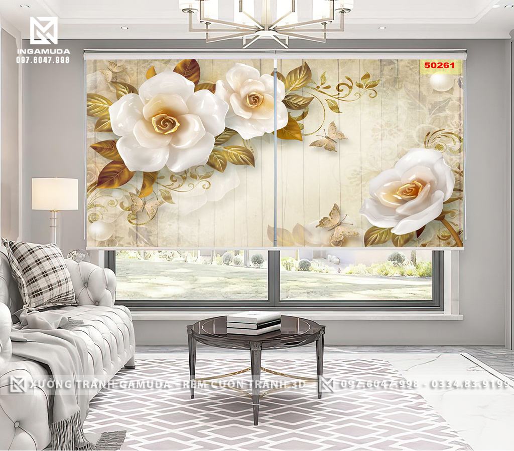 Rèm Cuốn Tranh In Họa Tiết 3D Hoa Hồng Trắng Là Loài Hoa Quốc Dân Hiện Nay