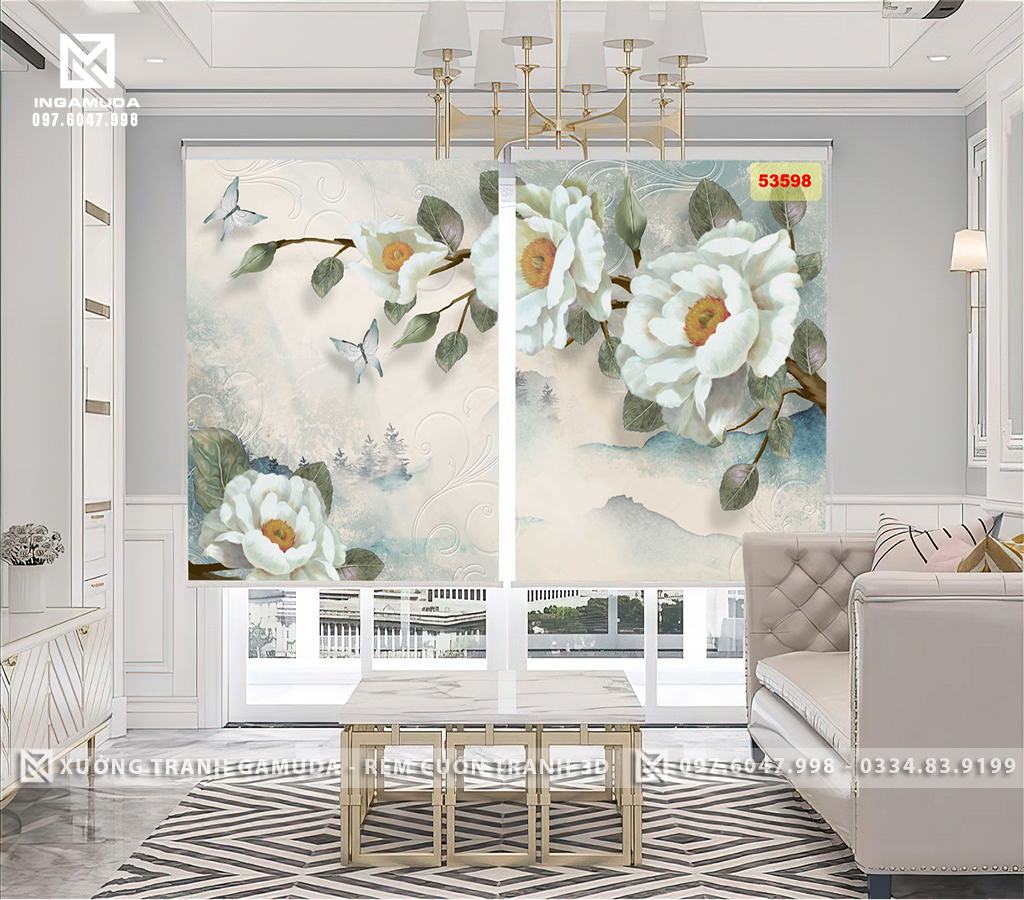 Rèm Cuốn Tranh 3D In Họa Tiết Hoa Hồng Trắng Tạo Sự Tinh Khiết Cho Bức Tranh - Rèm Cản Sáng Cản Nhiệt Xưởng Rèm Gamuda