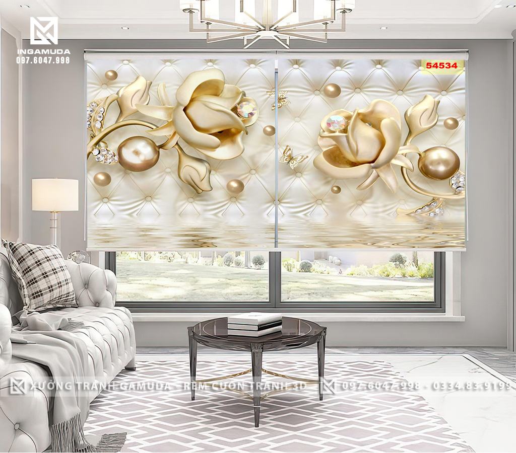 Rèm Cuốn Tranh 3D In Họa Tiết Hoa Hồng Trên Nền Vàng Ngọc Đẹp Và Sang Trọng Nhất 