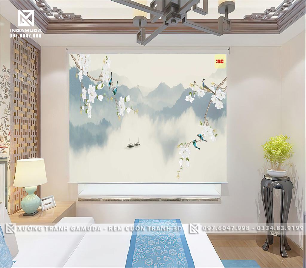 Rèm Cuốn In 3D Họa Tiết Indochine Khung Cảnh Núi Và Cây Cối Được Bao Phủ Bởi Làn Sương Trắng