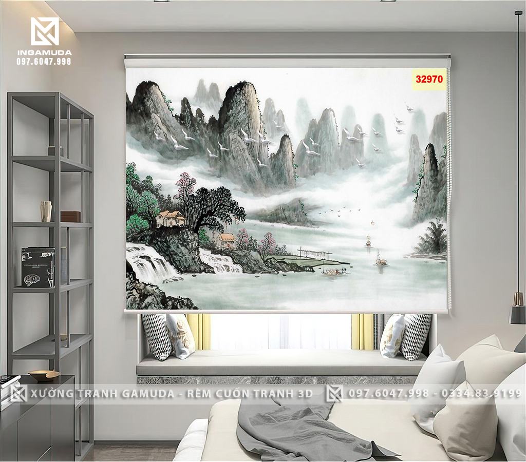 Rèm Cuốn Tranh 3D In Họa Tiết Cảnh Thiên Nhiên Tuyệt Đẹp Trên Nền Trắng Của Sương Mù- Rèm Cản Sáng Cản Nhiệt Xưởng Rèm Gamuda