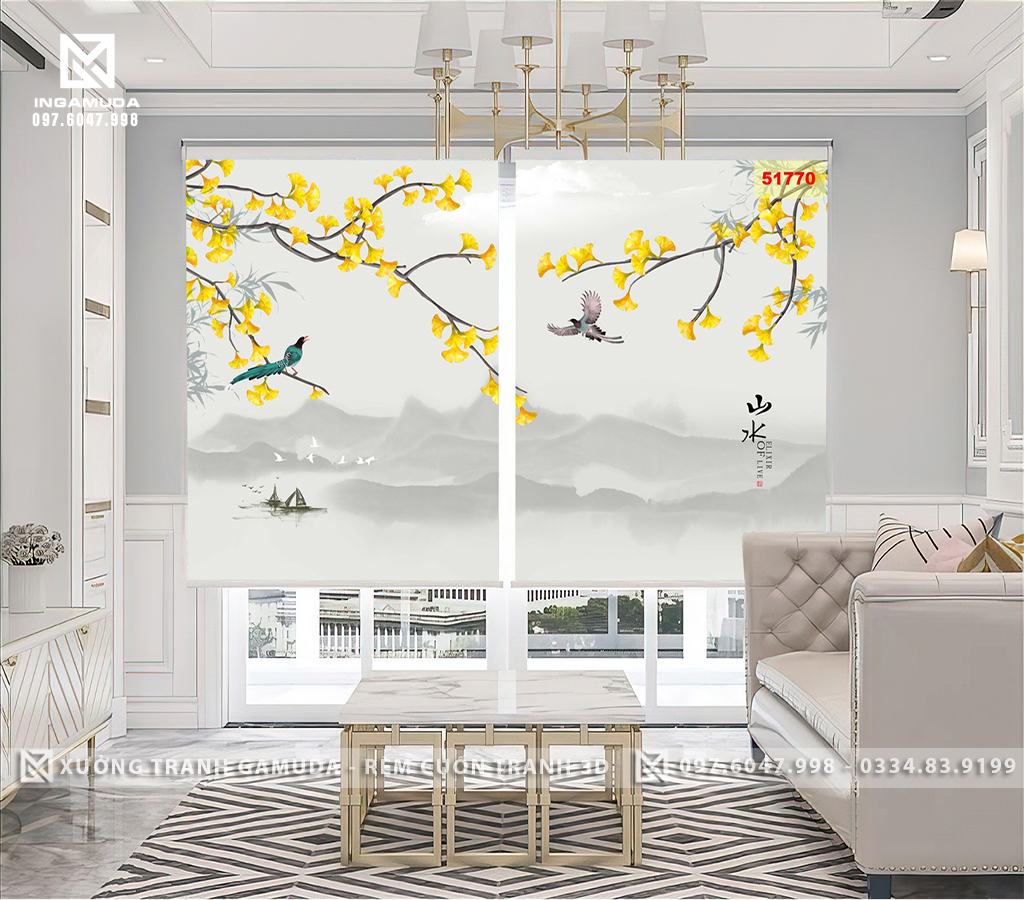 Rèm Cuốn In Tranh 3D Họa Tiết Indochine Cùng Gam Màu Sáng Tạo Phong Cảnh Thiên Nhiên Tươi Đẹp