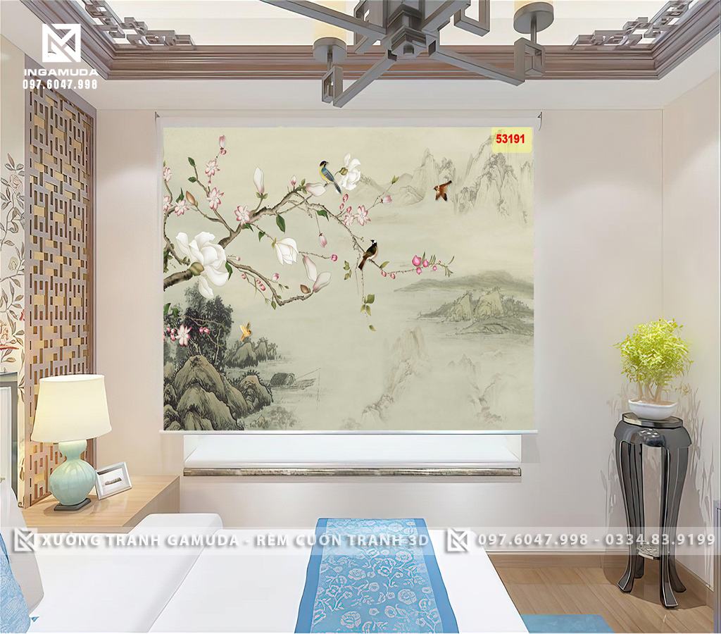 Rèm Tranh 3D In Họa Tiết Indochine Hoa 3D Trắng Trên Đỉnh Núi Mờ Sương - Rèm Cản Sáng Cản Nhiệt