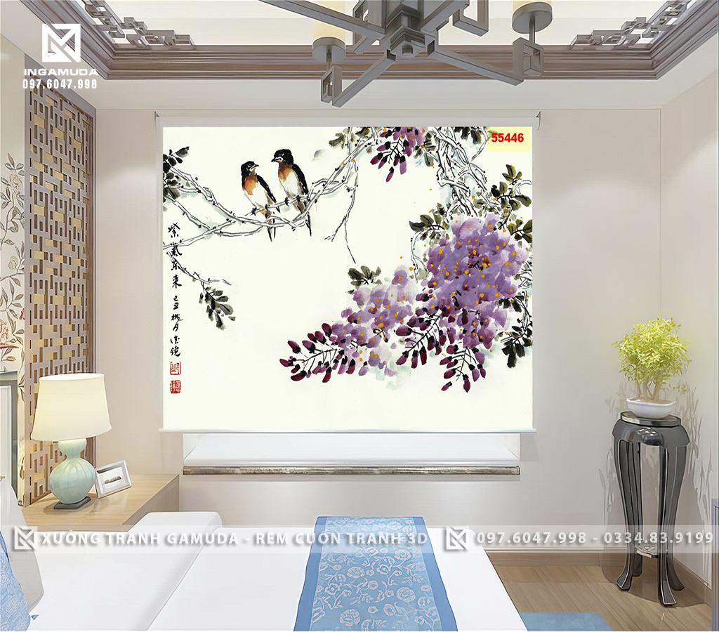 Rèm Tranh 3D In Họa Tiết Indochine Hoa Mẫu Đơn Tím Tượng Trưng Cho Người Phụ Nữ Quyền Lực, Quyến Rũ- Xưởng Rèm Gamuda In Ấn Và Sản Xuất Theo Đơn Đặt Hàng