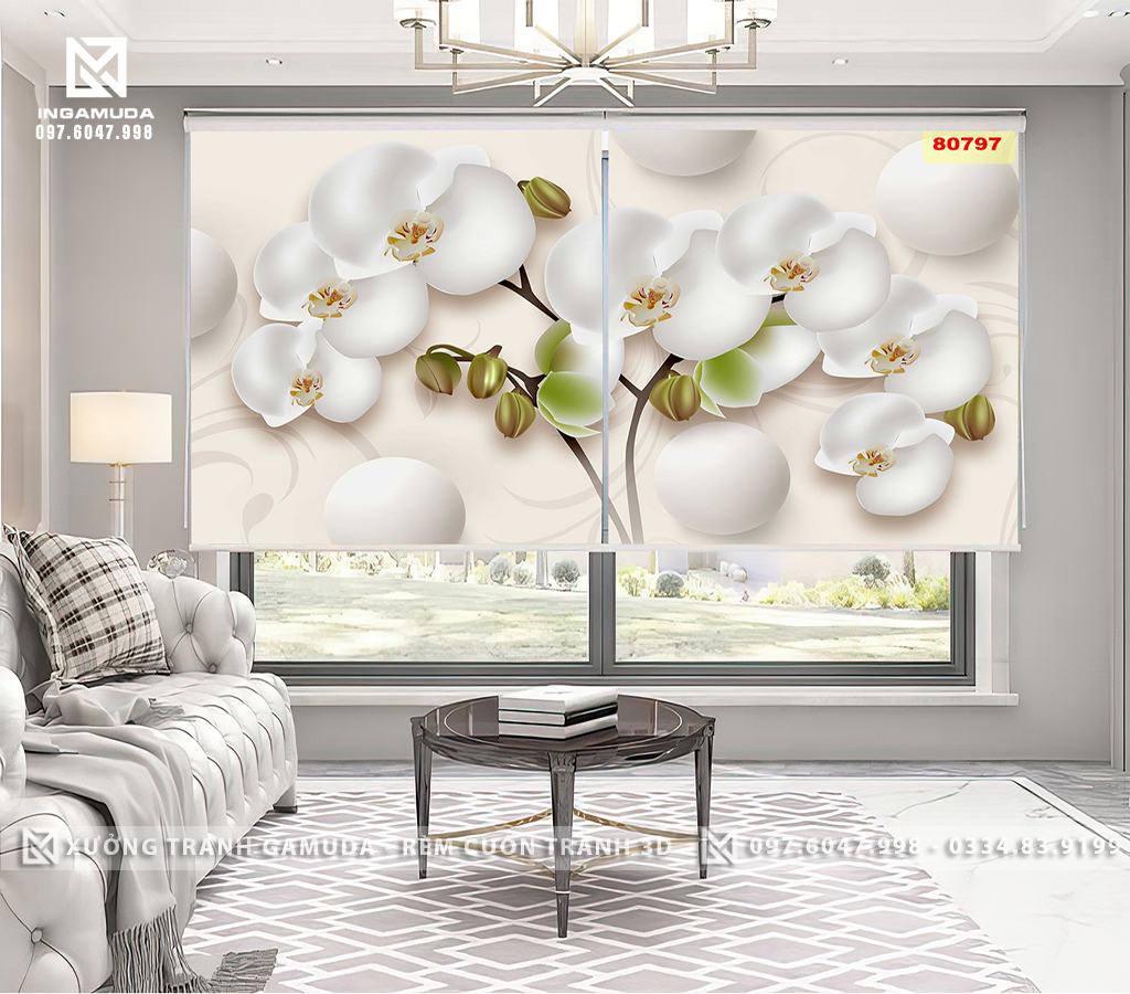 Rèm Cuốn Tranh In Họa Tiết 3D Hoa Lan Trắng Thể Hiện Sự Sum Vầy, Sung Túc 