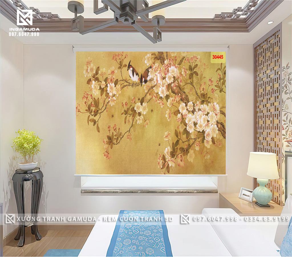 Rèm Cuốn In Tranh 3D Họa Tiết Indochine Hoa Lan Trắng Mang Ý Nghĩa Của Sự Quý Phái, Sang Trọng 