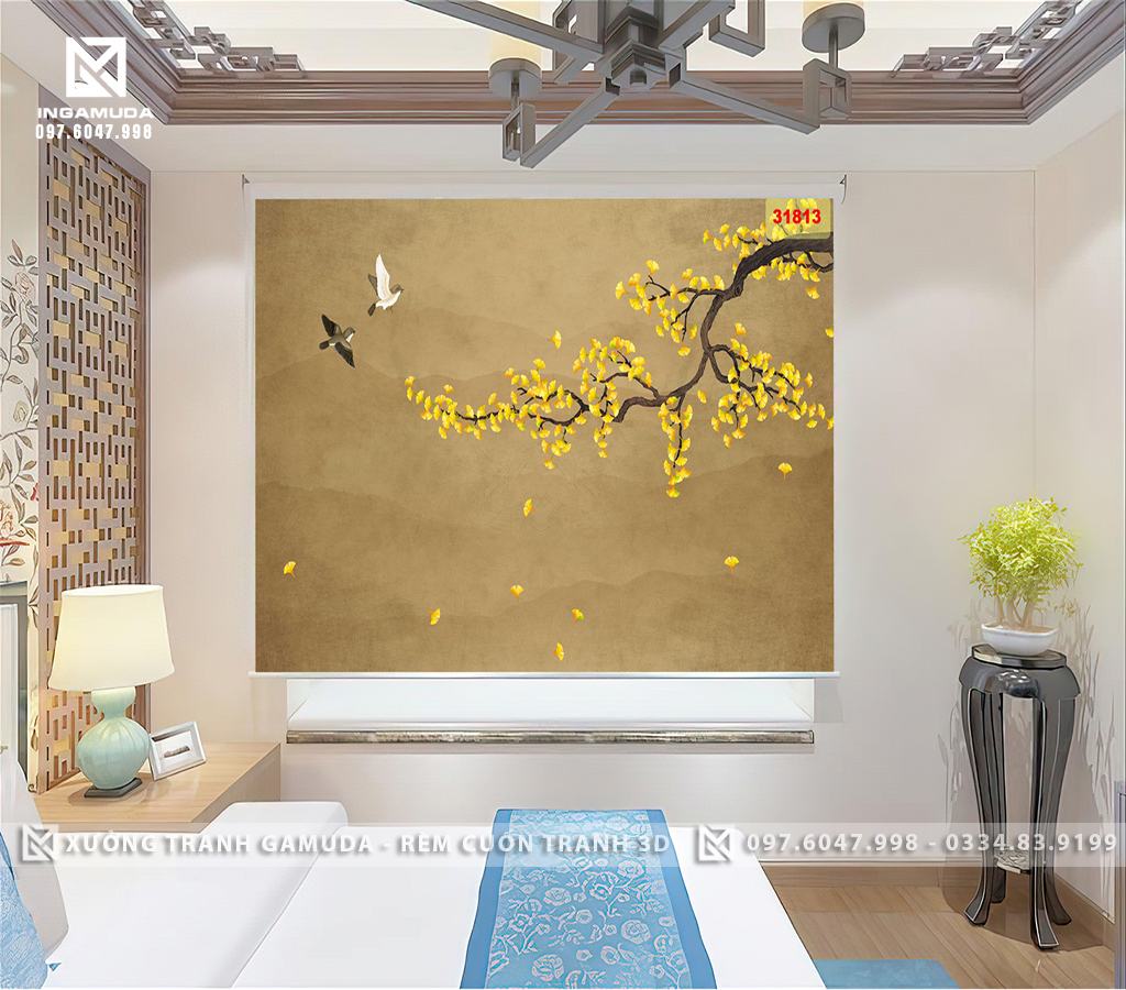 Rèm Cuốn Tranh 3D Họa Tiết Indochine Lá Vàng Mùa Thu Cùng Chim Trên Gam Màu Nâu Tối Bình Dị