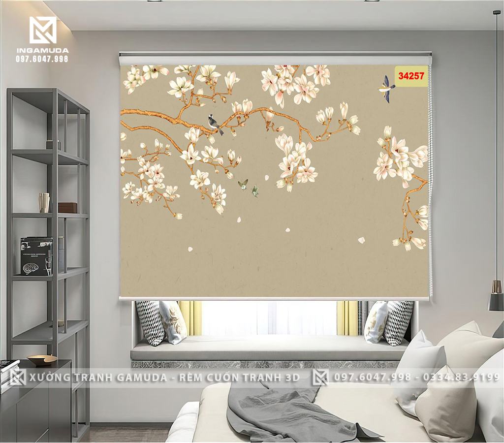 Rèm Cuốn Tranh 3D Họa Tiết Indochine Hoa Lan Biểu Tượng Cho Sự Vương Gỉa, Giau Có