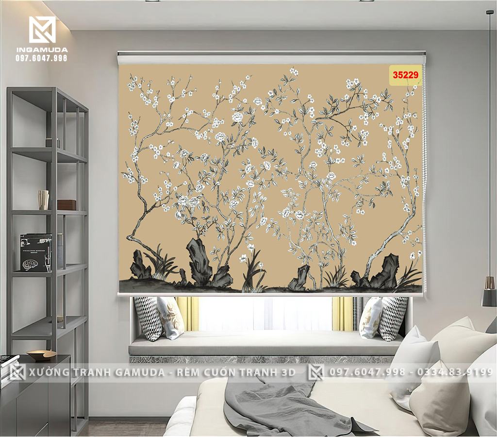 Rèm Cuốn Tranh 3D Họa Tiết Indochine Hoa 3D Trên Nền Nâu Trầm 