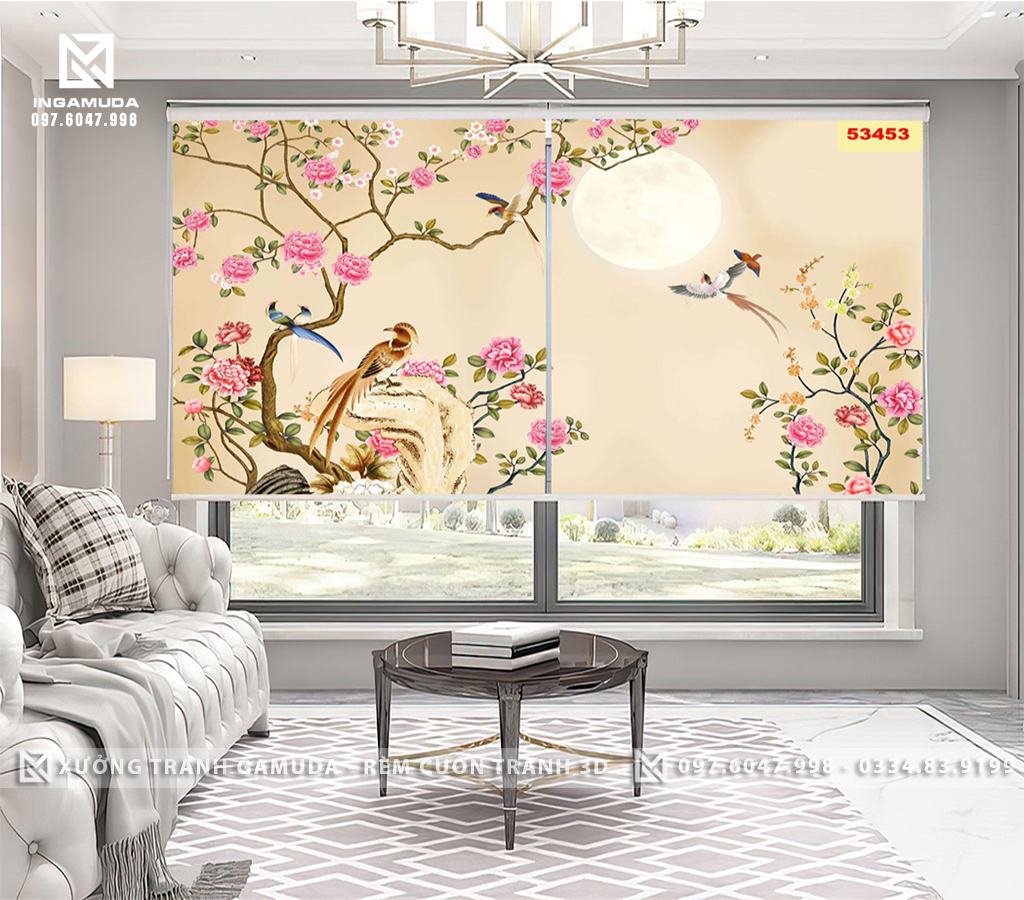 Rèm Cuốn In Tranh 3D Họa Tiết Indochine Hoa Mẫu Đơn Hồng Tượng Trưng Cho Tình Mẫu Tử Thiêng Liêng Và Lòng Bao Dung