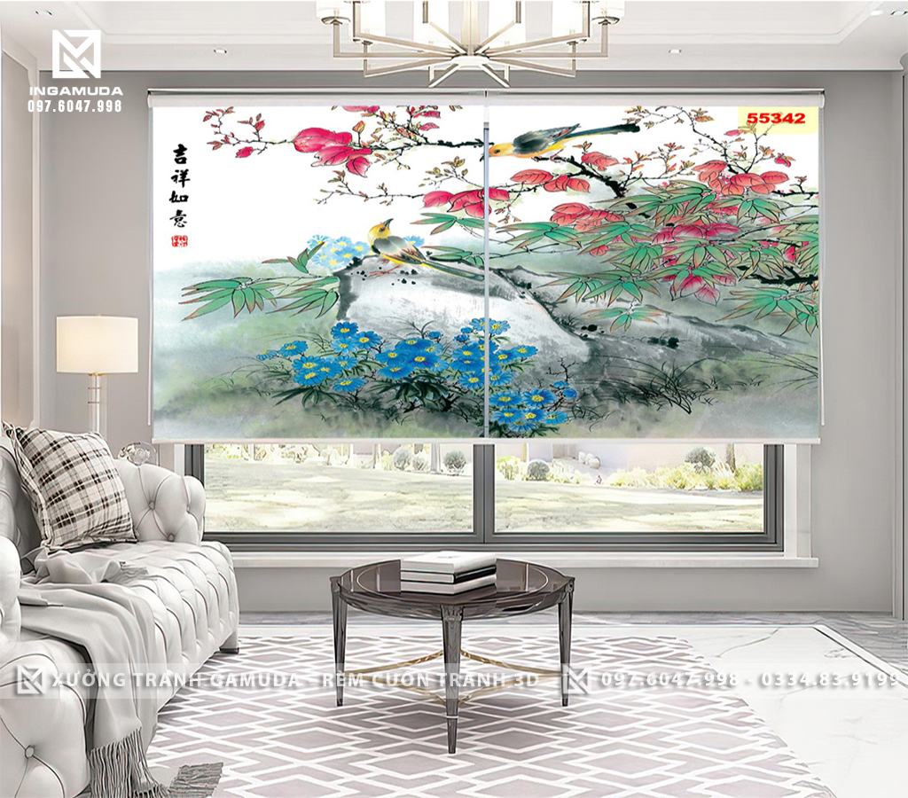 Rèm Cuốn Tranh 3D In Họa Tiết Hoa Mẫu Đơn Tượng Trưng Cho Sự Quyền Lực, Quyến Rũ