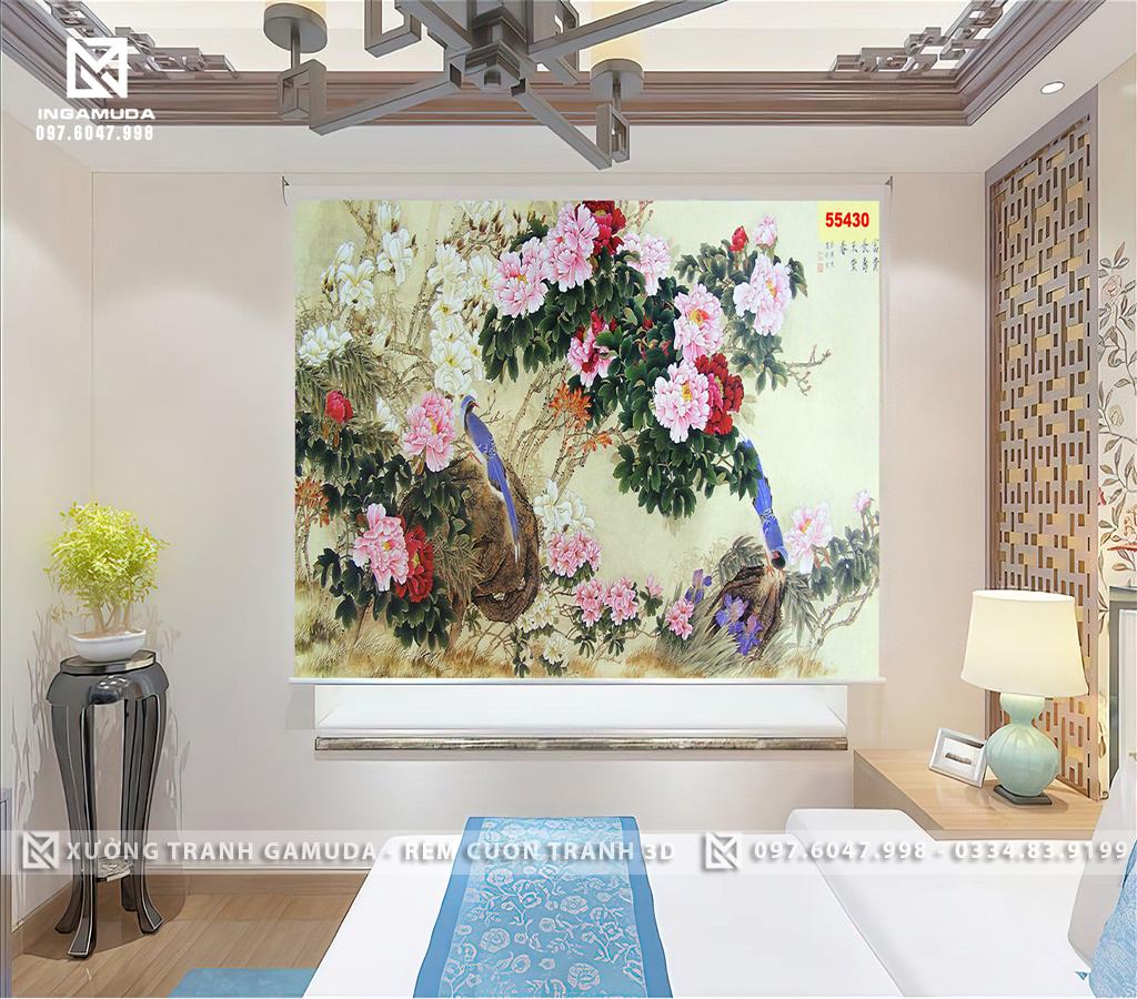 Rèm Cuốn Tranh In Họa Tiết Indochine Hoa Mẫu Đơn Sắc Màu