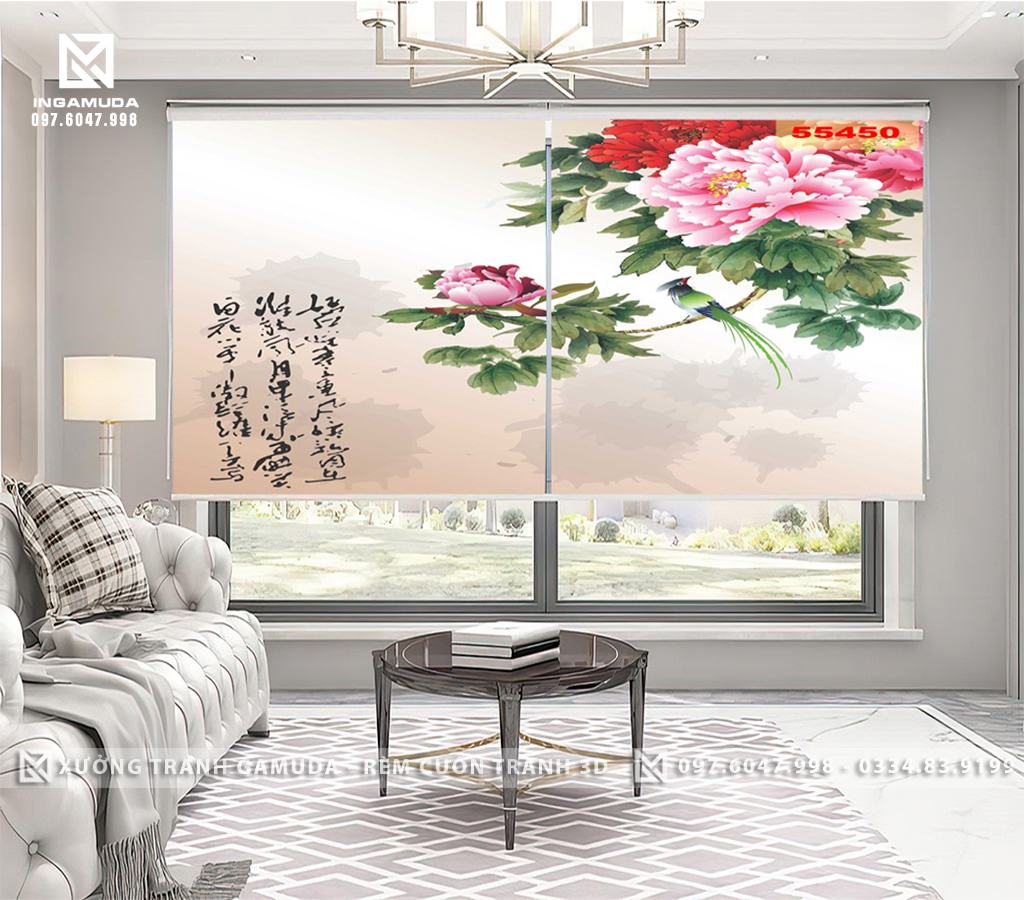 Rèm Cuốn Tranh 3D In Họa Tiết Indochine Đỏ Tượng Trưng Cho Sự May Mắn Và Giau Sang