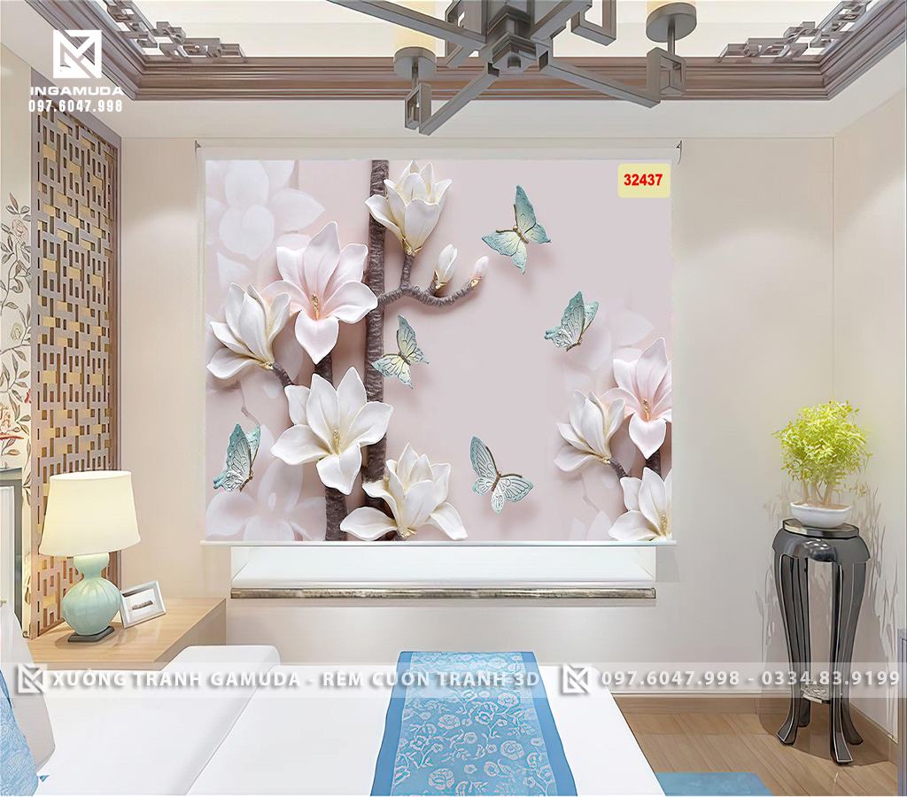 Rèm cuốn tranh hoa 3D che cửa sổ cản nắng cản nhiệt hiệu quả