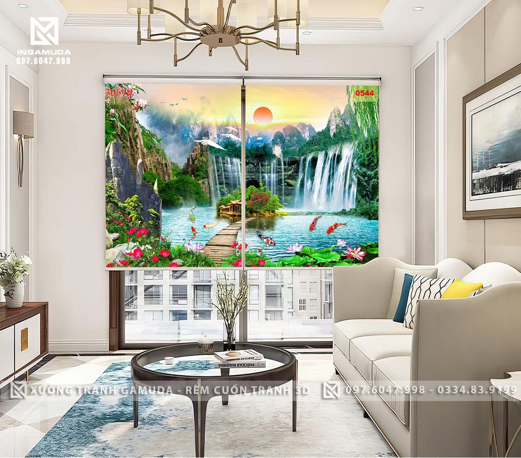 Rèm Cuốn Tranh Sơn Thủy Hữu Tình Hoa Sen Cá Chép Khung Cảnh Đẹp Thác Nước Hữu Tình
