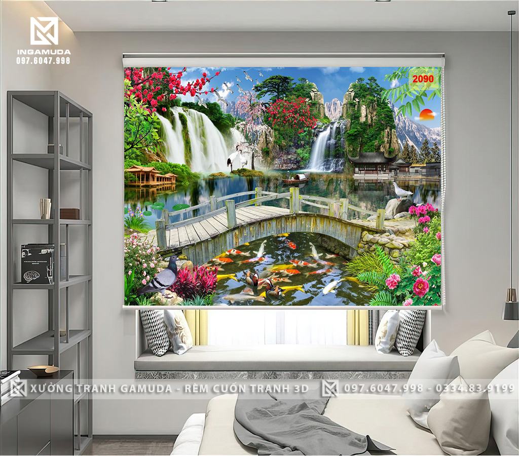 Rèm Cuốn Tranh Sơn Thủy Hữu Tình Hoa Sen Cá Chép Khung Cảnh Đẹp Thác Nước