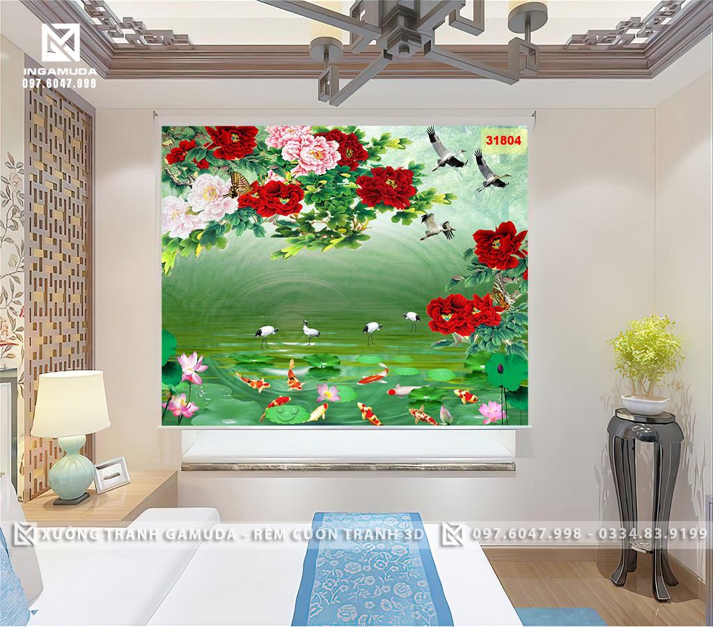 Rèm Cuốn Tranh 3D Hiện Đại In Ấn Rèm Tranh Tại Xưởng Gamuda Hoa Sen Cá Chép Mẫu Đơn Tài Lộc