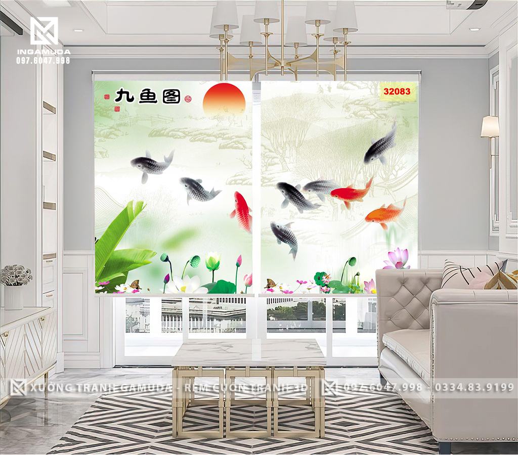 Rèm Cuốn Tranh 3D Hiện Đại In Ấn Rèm Tranh Tại Xưởng Gamuda Hoa Sen Cá Chép